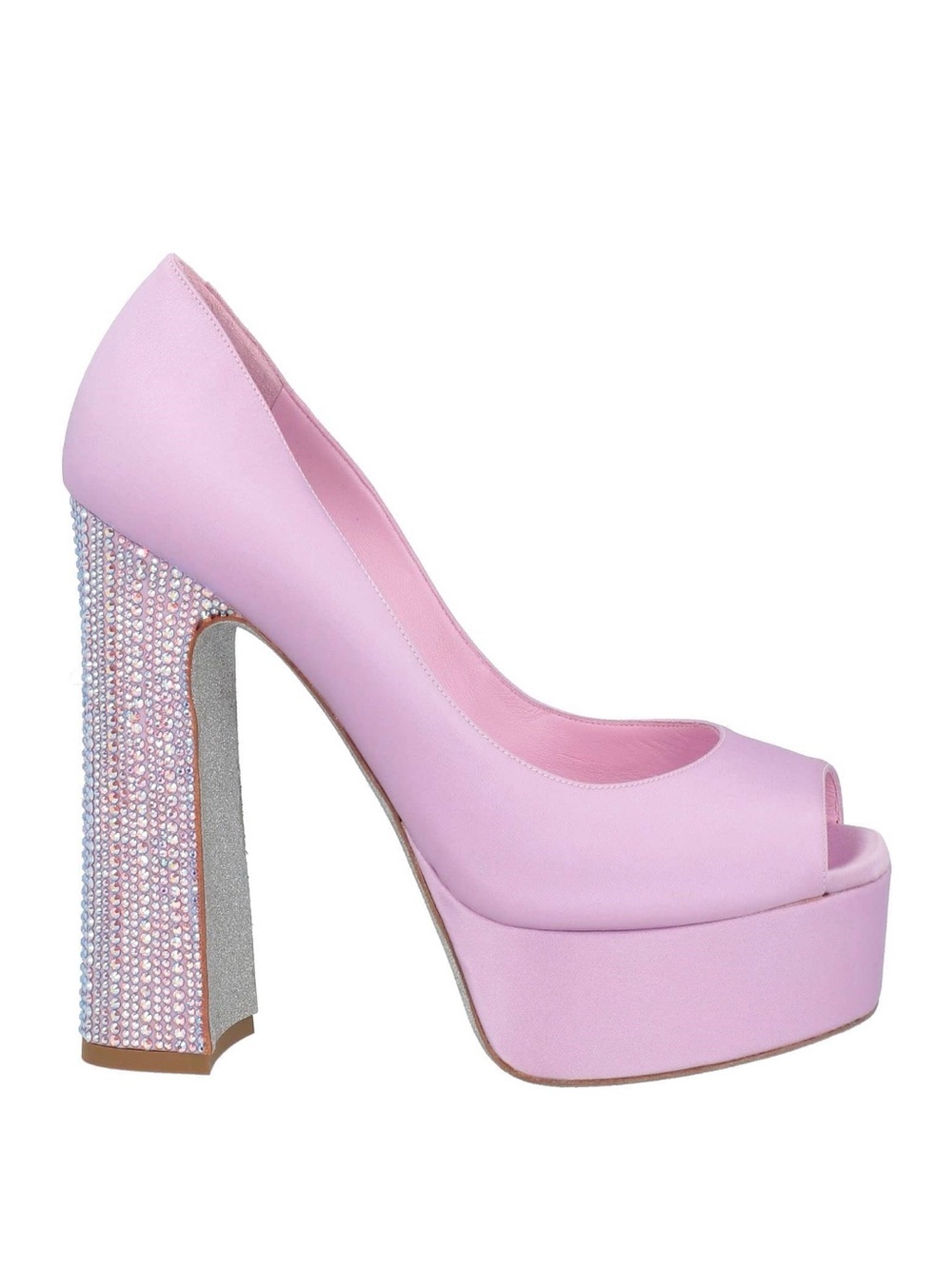 René Caovilla lilac platform peep-toe pumps with iridescent rhinestone heel
